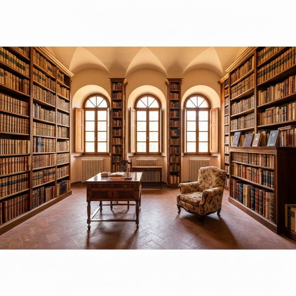 Biblioteca elegante con scaffali di libri